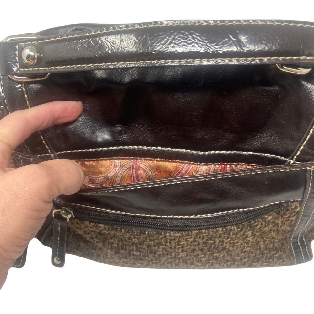 Tignanello Brown‎ Tweed Leather Trim Satchel Shoulder Crossbody Bag - Picture 7 of 12
